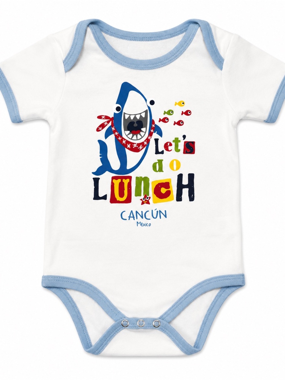 AREI White Bodysuit with Blue Trim and Shark Lunch Graphic